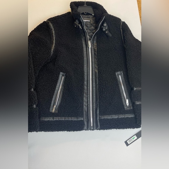 Karl Lagerfeld Paris Men Black Faux Shearling Aviator Jacket - Picture 9 of 13